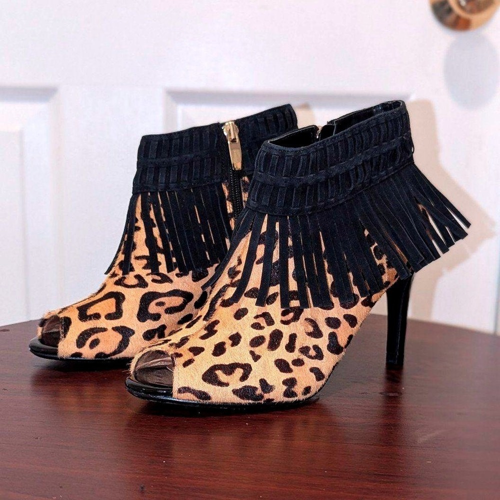Mob Wife Boho Leopard Fringe Peep Toe Heels J. Renne Ankle Booties 6M